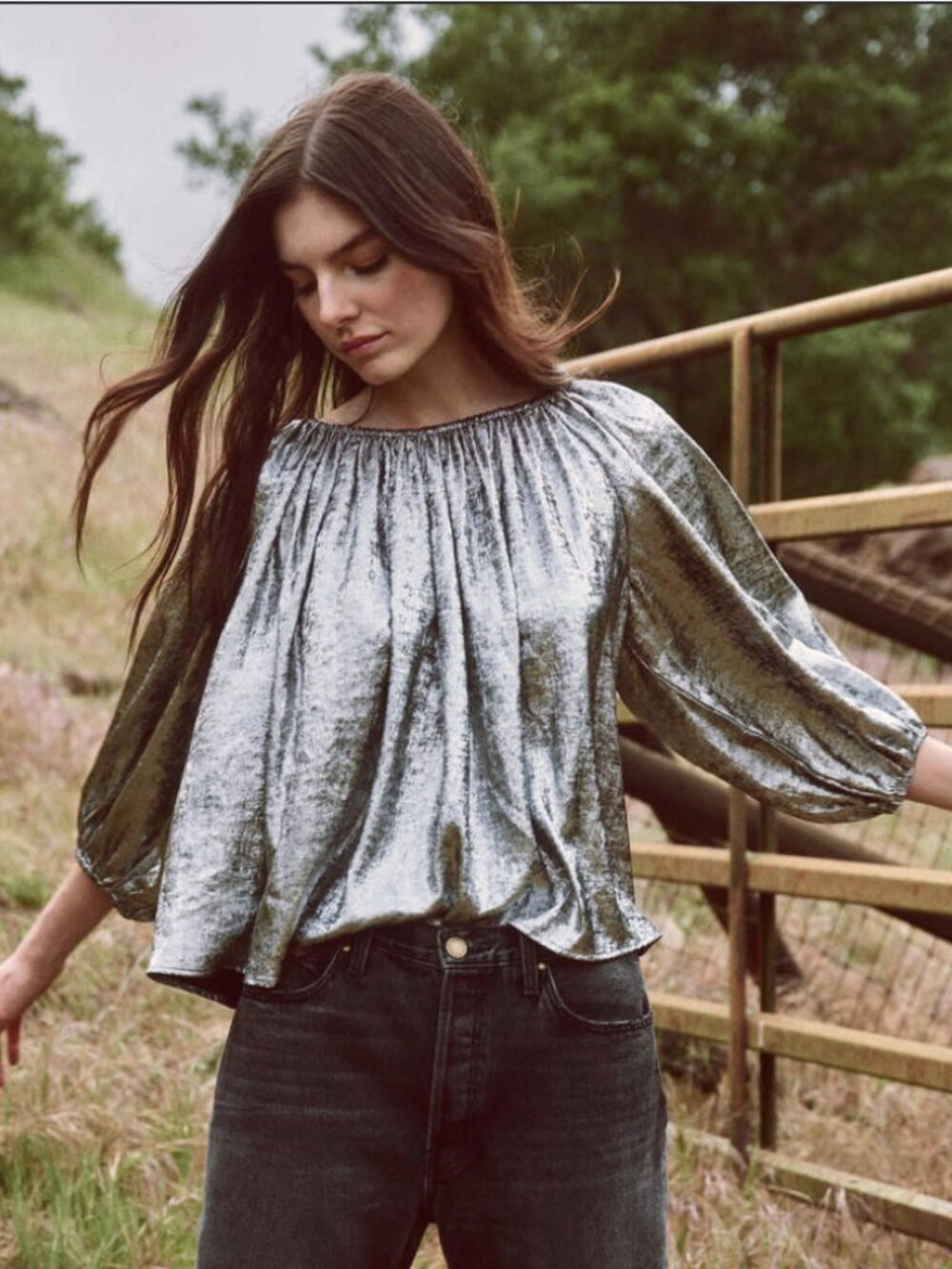 The GREAT. The Palmette Top. Silver & Black Blouse Size 0 / XS / S